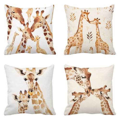 Fundas Cojines 50x50 Beige Funda Cojin Exterior Impermeable Funda Almohada Decorativas Juego de 4 Cojines para Sofa Cama Sillas Sala de Estar Patio Balcón Jardín Decoración para Hogar Jirafa D-9641