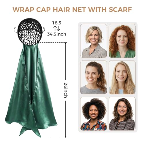 Wrap Cap Hair Net And Scarf, 2 In 1 Heatless Silk Press Wrap For Hair, Adjustable Silk Shower Cap For Sleeping, Hair Wraps Net For Women Black Hair Care, Wraps Cap Bonnet Attached,Durag, Green - Thumbnail 3