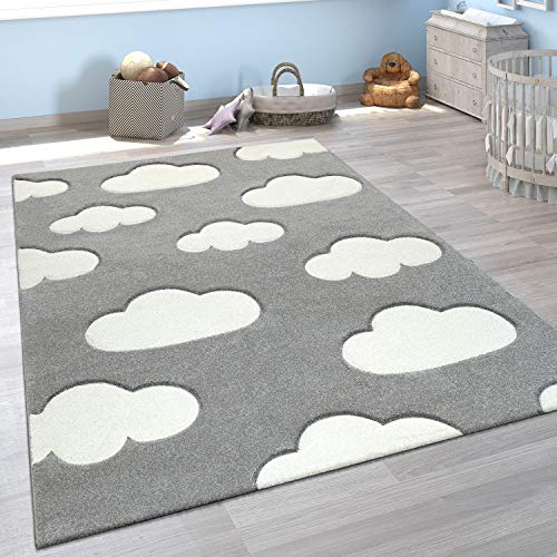 Image of Modern Kids Rug with Clouds in Grey Pastel for Nursery, Size: 4'7" x 6'7"