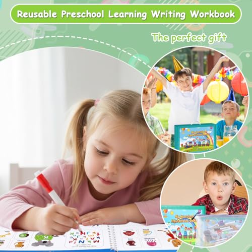 Image of PATPAT Toddler Alphabet Tracing Book, Preschool Handwriting Practice Workbook with 8-Color Markers & Sponge Erase, Reusable Early Learning English Handwriting Practice Book