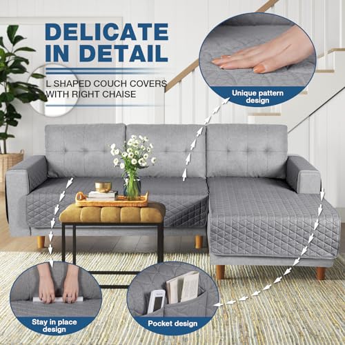 Image of TAOCOCO Sectional Couch Covers 100% Waterproof L Shaped Sofa Covers for Right Hand Facing Chaise Lounge, 2 Pieces Couch Cover L Shape Furniture Protector Slipcover for Pets Kids, Small /Light Gray
