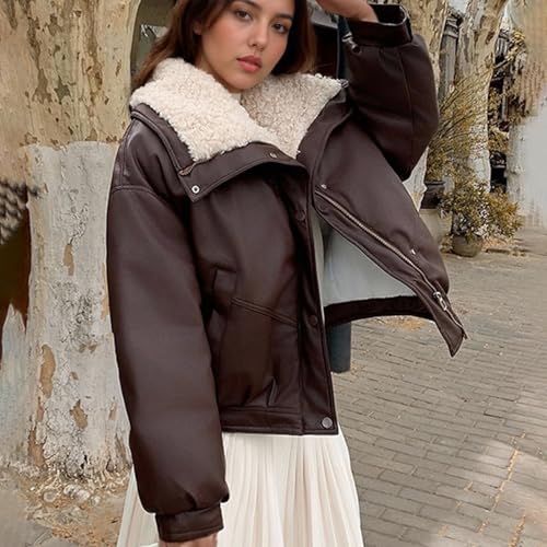 Sherpa Jacket for Women Winter Warm Coat Fleece Lined Coat PU Winter Jacket Plus Size Sherpa Casual Outwear4