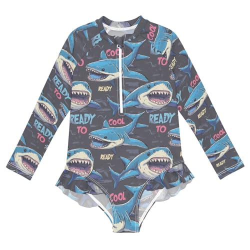 ALAZA Swimsuit for Girls Long Sleeve Rashguard Bathing Suit Cool Shark Quick Dry 4T