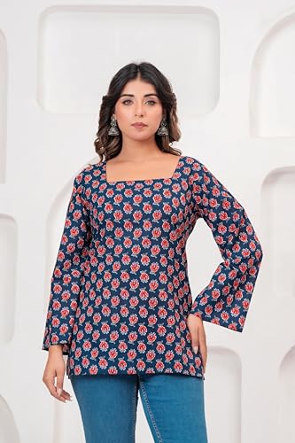 Image of Women's Blue & Red Printed Cotton Short Kurti | Bell Sleeve Straight Kurta | Pure Cotton Casual