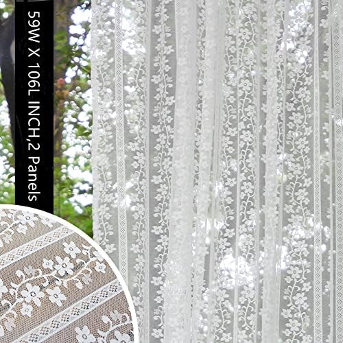 Ebrima White Embroidered Lace Sheer Voile Curtain, 106 Inches Long Rod Pocket Drapes for Wedding Arch Living Room Bedroom Party Door Decor