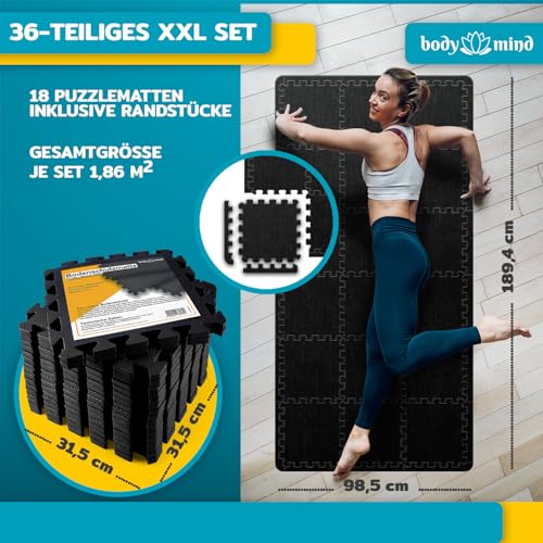 Boden-Schutzmatten XXL Set; Fitnessmatte Bodenschutz Puzzle-Matte; Unterlegmatte für Fitnessgeräte + GRATIS Anti-Rutschmatte; Trainingsmatte & Sport-Matte für Fitnessraum Keller Garage ca. 2m² Schwarz