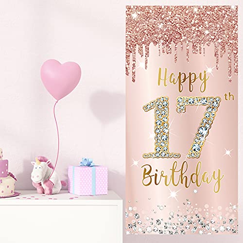 Image of Happy 17th Birthday Door Banner Decorations for Girls, Pink Rose Gold 17 Birthday Door Cover Backdrop Party Supplies, Large Seventeen Year Old Birthday Poster Sign Decor