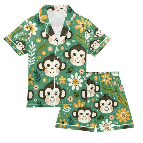 senya Monkey Faces Satin Summer Pajama Sets Silk Short Sleeve Button Down Sleepwear