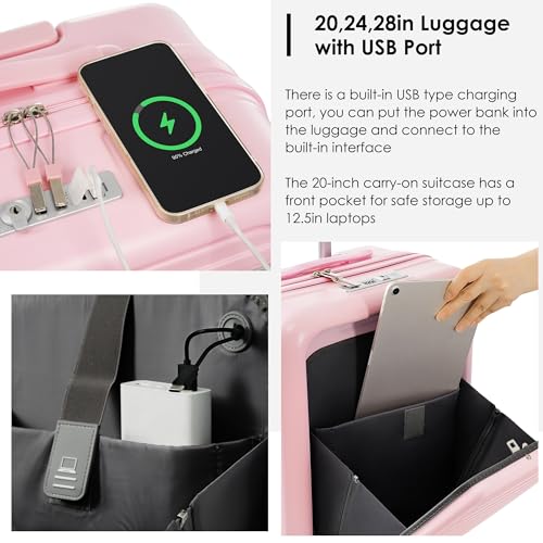 Merax Luggage Set of 3, 20, 24, 28inch with USB Port, 20, 24inch with Front Opening Design Airline Certified Carry on Luggage with Cup Holder, ABS Hard Shell Luggage with Spinner Wheels, ABS+Pink3