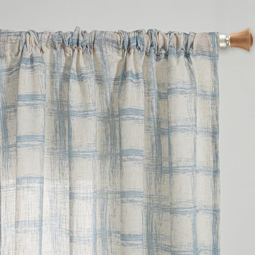 Image of MYSKY HOME 95 inch Curtains 2 Panel Set Curtains for Living Room Dining Room Semi Sheer Light Filtering Back Tab Plaid Window Treatment Farmhouse Style Drapes for Bedroom,50 inchx95 inch, Blue, 2 PCs
