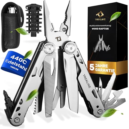 TREKLINE Multitool [440C Edelstahl] Outdoor Camping Survival Multitool Werkzeug Messer, Überlebensmesser, Taschenmesser, Multifunktionswerkzeug, Multi Tool, Multifunktionsmesser (Wood Raptor)