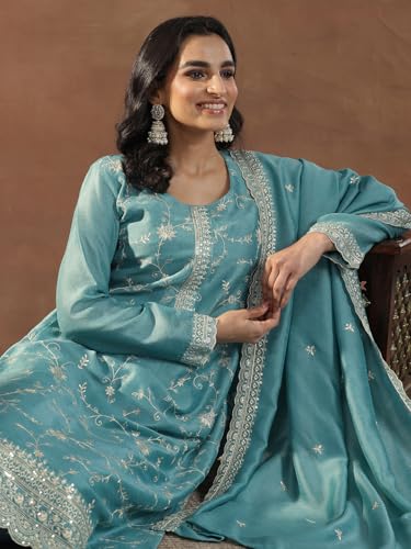 Image of Libas Embroidered Silk Blend Straight Kurta With Trouser and Dupatta