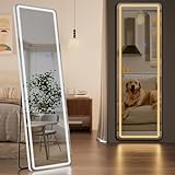 Koonmi LED Full Length Mirror, 56"x20" Full Length Mirror with Lights, Lighted Floor Mirrors with Stand, Full Body Mirrors with Dimming & 3 Color Lightingfor Living Room Cloakroom, White