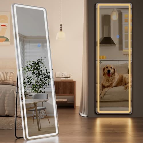 Image of Koonmi LED Full Length Mirror, 56 inchx20 inch Full Length Mirror with Lights, Lighted Floor Mirrors with Stand, Full Body Mirrors with Dimming & 3 Color Lightingfor Living Room Cloakroom, White