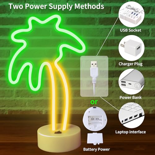 Image of LED Palm Tree Neon Sign - Battery /USB Powered Coconut Tree Light with Stand, Palm Tree Lights Tabletop Lamp for Bedroom, Tropical Hawaiian Tiki Bar Decor, Perfect for Luau Parties & Birthday Gifts