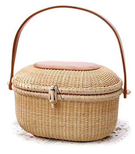 Bolso ovalado artesanal de caña y madera miniatura 1