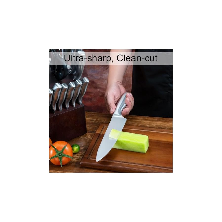 Knife Set, 14 Pieces Kitchen Knife Set with Wood Block, Chef Knife with 6 Pieces Serrated Steak Knives, High Carbon Stainless Steel Knife Sets for Multipurpose Cooking