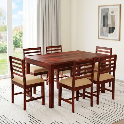 Image of Amazon Brand - Solimo Sheesham Wood Turlock 6 Seater Dining Table With Cushioned Chairs | Durable Wooden Dining Set Furniture for Restaurants, Hotels, Dining Room, Living Room, and Home (Honey Finish)