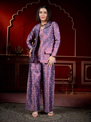 Image of PURVAJA Women's Full Sleeve Crop Top Trouser Printed Co-Ords Set