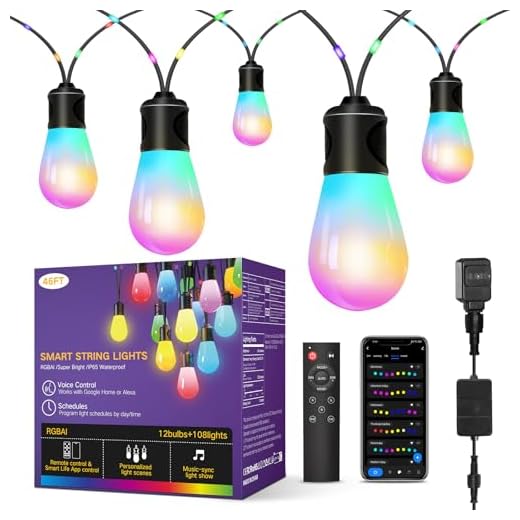 OUTON Guirlande Guinguette Extérieur, LED RGBAI Guirlande Lumineuse Exterieure avec 108 Mini Lumières, Blanc Chaud, IP65 Imperméable, Télécommande et App, Fonctionne avec Alexa, pour Terrasse, 15M