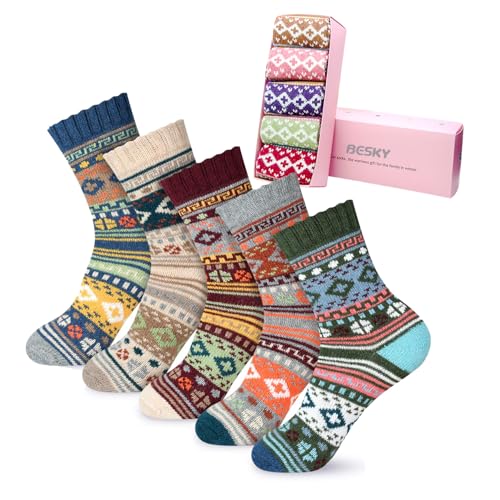 besky Warm Socks for Women Cozy Fuzzy Winter Socks Cotton Soft Crew Socks Christmas Gifts for Women