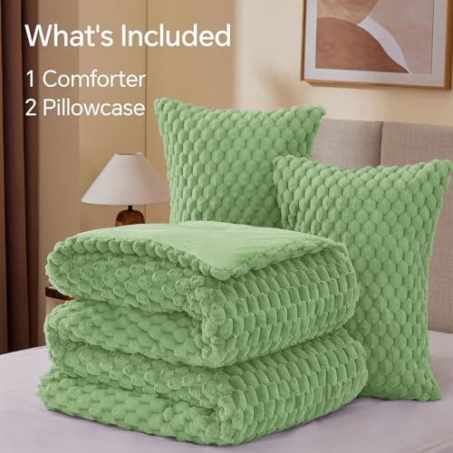BEDELITE Fluffy Queen Comforter Set - Grass Green Fleece Soft Comforter for Queen Size Bed, Luxury Warm Bedding Set for Winter, Fuzzy Bed Set 3 Pieces (1 Comforter, 2 Pillowcases)