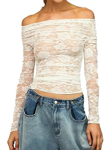Oumrdeo Women's Mesh Top Long Sleeve Off Shoulder Sheer Blouse See Through Floral Lace Tops White L