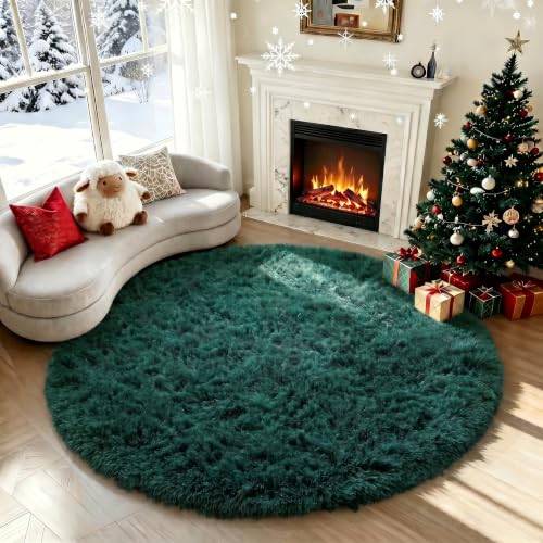 Image of PAGISOFE Dark Green 4x4 Round Rug for Boys Bedroom,Soft Circle Fluffy Rugs for Kids Teen Room,Circular Plush Indoor Rug for Playroom,Emerald Green Rugs,Shaggy Floor Carpet for Classroom Reading Nook