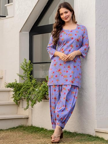 Image of rytras Women Pure Cotton Printed Straight Kurta Set with Palazzo Pants - Ethnic Wear