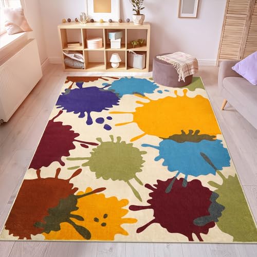 Image of STARUIA Large Area Rug for Living Room, 8'x10' Rainbow Kids Rug for Classroom, Colorful Art Washable Rug for Bedroom, Non-Slip Ink Splotch Nursery Rug Soft Modern Living Room Carpet for Dorm School