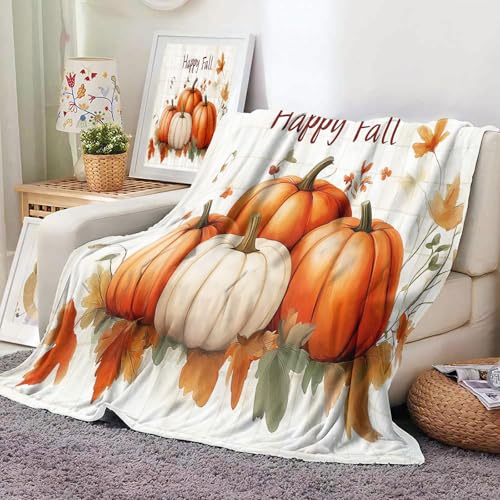 MIATCENRT Coperta Autunno Scena Pile in Flanella, Coperta di Zucca Foglie Autunnali, 150x200cm Morbida e Soffice Copertina Plaid Pile Calda, Spessa Copertina per Letto Divano o Picnic, Crema