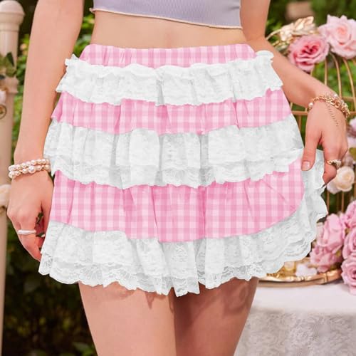 Women Y2K Plaid Tiered Mini Skirt Lace Trim Low Waist Gingham Pleated A Line Short Skirt Holiday Cosplay Rush Skirts2