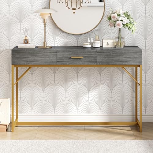 KAZZIO Mesa consola con 1 cajón, mesa auxiliar ligera de estilo lujoso, mesa auxiliar, mesa de sofá, 120 x 38 x 76 cm, gris/dorado