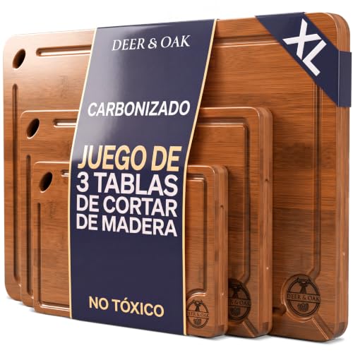 Deer & Oak Juego 3 Tablas de Cortar Bambú Carbonizado Preaceitadas