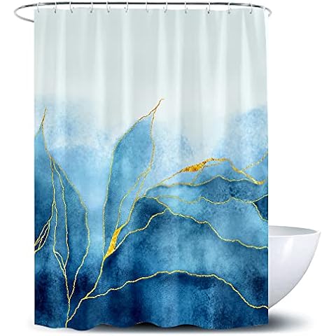 De-Mediocre Marble Shower Curtain Ombre Blue Gold, Modern for Bathroom Blue Golden Lines Striped Fabric Waterproof Polyester, 72 x 72 Inches Cover