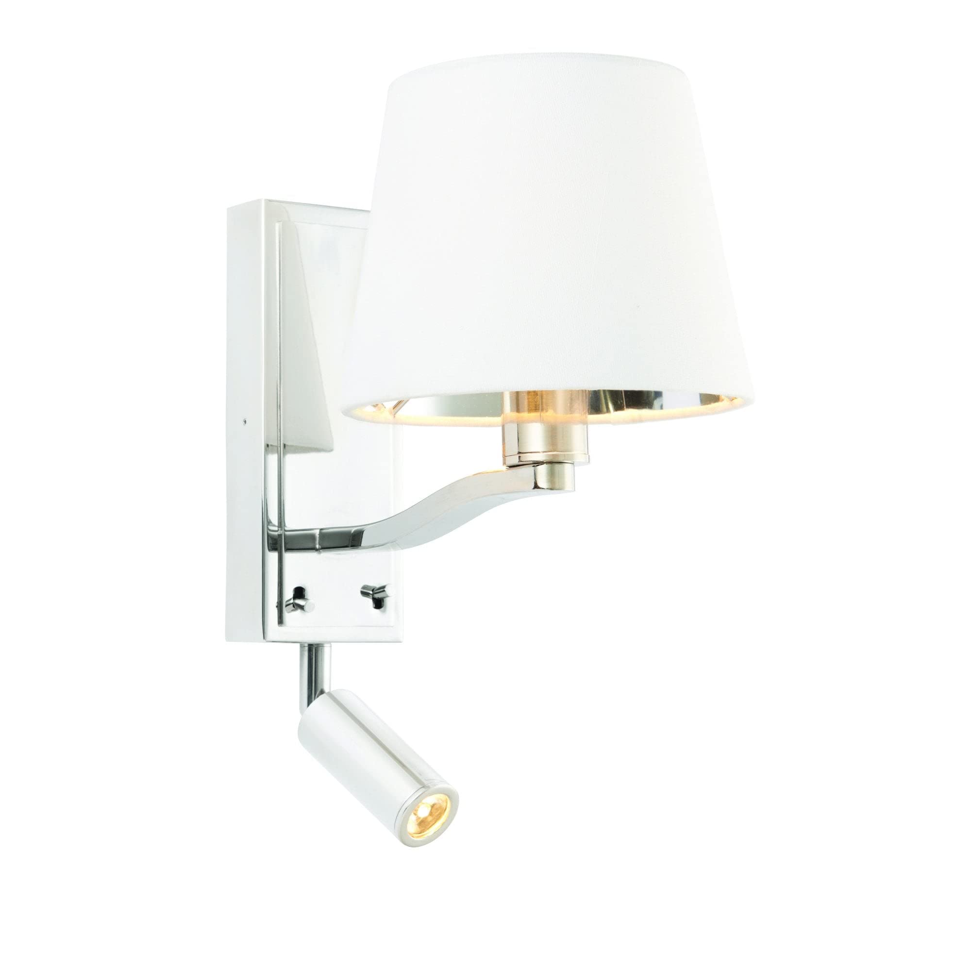 Endon 73027 Harvey Two Light Wall And Spot Light In Bright Nickel With White Faux Silk Shade