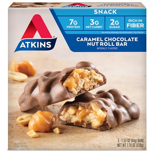 Atkins Caramel Chocolate Nut Roll Snack Bar Protein Snack High in Fiber 2g Sugar 5 Count