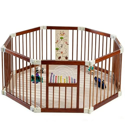 Image of UInxiy Wooden Playpen & Wooden Playard for Babies and Toddlers，Wooden Large Shape & Size Adjustable Baby Fence, Baby Activity Centers with Locking Gate,Indoor use