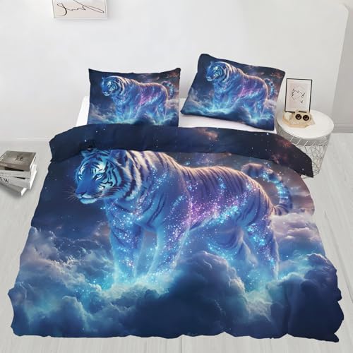 SRAELO Tigers Duvet Cover Twin Size Animals Bedding Set with 2 Pillowcases Galaxy Tigers Comforter Cover with Zipper, Soft Bedding Set 3 Pieces Bedroom Decor