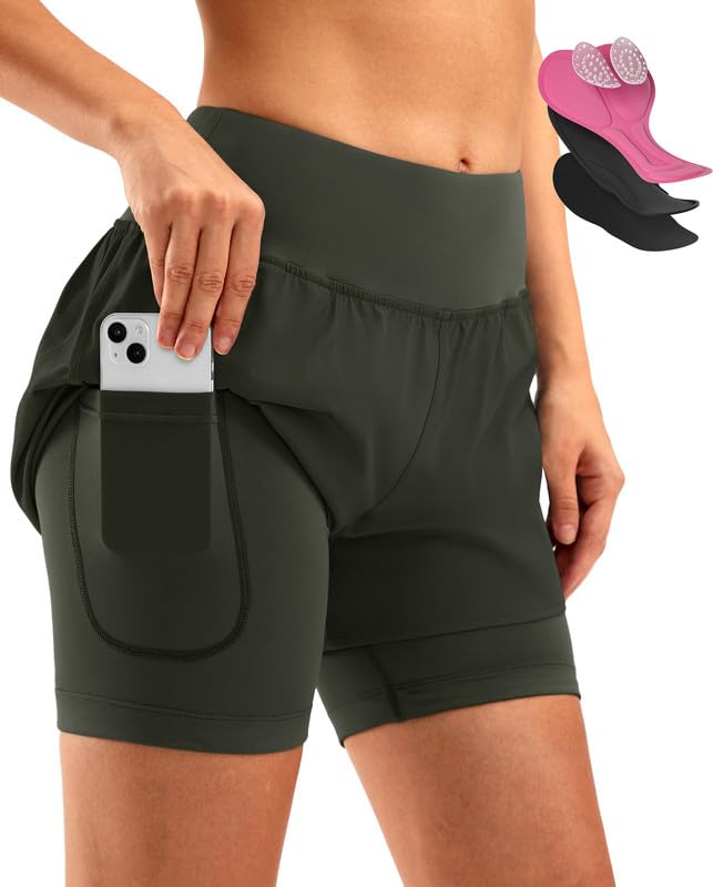 Bikewa Women's Mountain Bike Shorts 4D Padded Cycling Riding Road Biking Bicycle Biker Cycle Padding UPF 50+ Shorts for Women Zipper Pockets(Army Green,L)