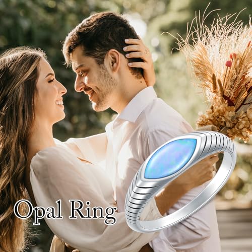 925 Sterling Silver Marquise-cut Blue Opal Ring,Stacking Statement Wedding Band Ring for Women Jewelry Gifts for Her(Ring Size 5-10)2