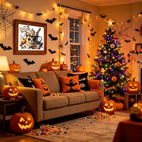 Image of KYOQFVN Halloween Counted Cross Stitch Kits for Adults, 11CT Stamped Cross Stitch Kits for Beginners, Needlepoint Cross-Stitch Horror Patterns Embroidery Kits Arts and Crafts for Home Decor 14x14 Inch