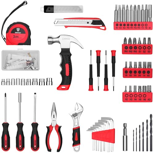 DEKOPRO Drill Set: Tool Set with 8V Red Cordless Drill, Home Tool Kit with Drill, Hand Tool Kits for Women 126 Piece