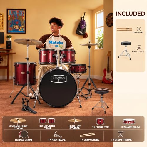 Image of ARCTIC CRONOS 5 Piece Complete Acoustic Drum Kit /Drumset with drumsticks, Cymbals and throne - Nickel Hardware. Best Sounding shells, most durable build, Professional level Configuration. (Red)