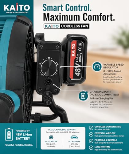 Image of KAITO 11 Inch Lithium Cordless Portable Fan with Variable Speed Regulator, AC /DC Dual Purpose, Overheat & Overload Protection, 48V Li-Ion Battery Included