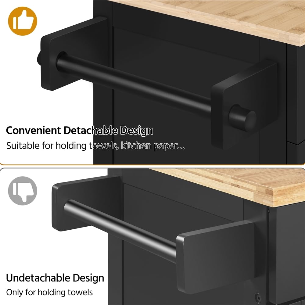 Yaheetech Carrello da Cucina con Ruote Cassetto a 2 Ante Piano di Lavoro Carrellino Salvaspazio con Portasciugamani e Portaspezie Moderno Porta Microonde 91,5 x 66 x 45,5 cm Nero