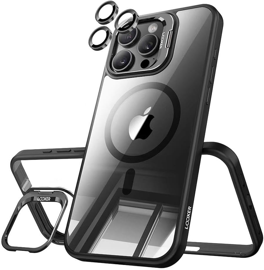LOOXER® Vanguard Clear Case for iPhone 16 Pro Max (6.9”) | Built-in Camera Lens Stand, Crystal-Clear Military-Grade Drop Protection MagSafe Cover + Premium Screen Protector Included (Black,16 Pro Max)