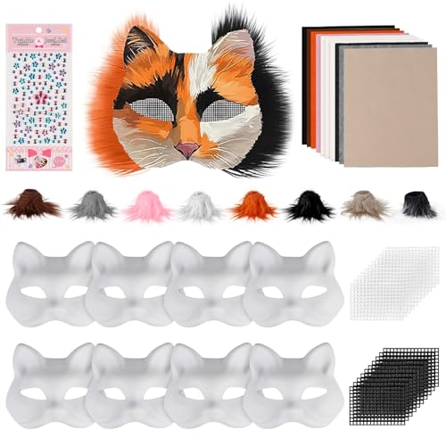 Giftota 8 Stück Katzenmasken zum Bemalen DIY Papier Maske mit 10 Filz 8 Kuns Fell und 20 Eye Mesh DIY Weiße Maske Weiße Halbmasken Therian Mask für Maskerade Halloween Karneval Cosplay