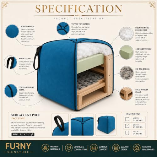 Image of FURNY Signature Regalia Suri Accent Pouf | Boston Fabric | 40D High-Density Foam | (Ocean Blue) | Footrest, Vanity Ottoman & Accent Seat for Home, Office & Hotel