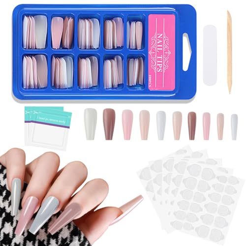 HIKJA 100 Piezas Uñas Postizas Largas Colores Kit de Tips Uñas Francesas Acrílico Bailarina Uñas Postizas con Pegatinas Adhesivo para Mujeres y Niñas Manicura, 10 Tamaños